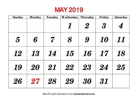 may 2019 calendar with holidays.